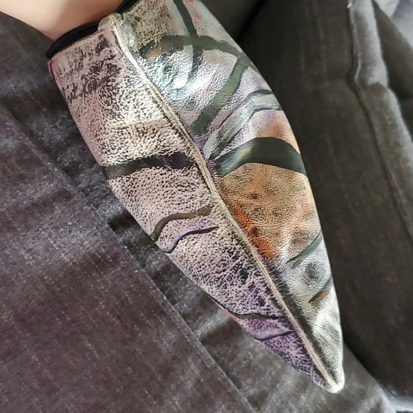 VINTAGE 80S 90s LARGE WRISTLET BAG CONTEMPORARY HAND PAINTED LEATHER BRIT Signed - Picture 8 of 11